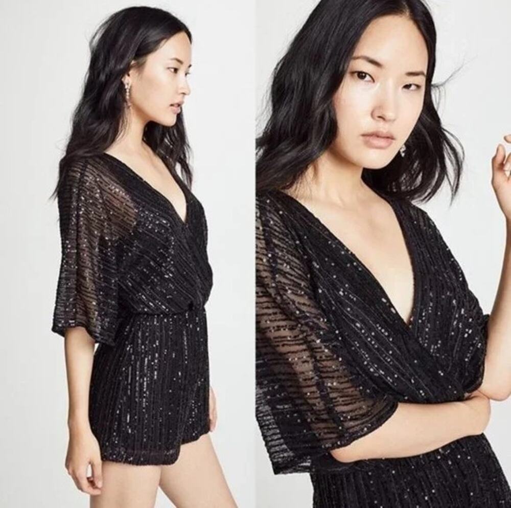 BB Dakota Sequin Romper Black Women XS V-Neck Kimono Sleeves Lined